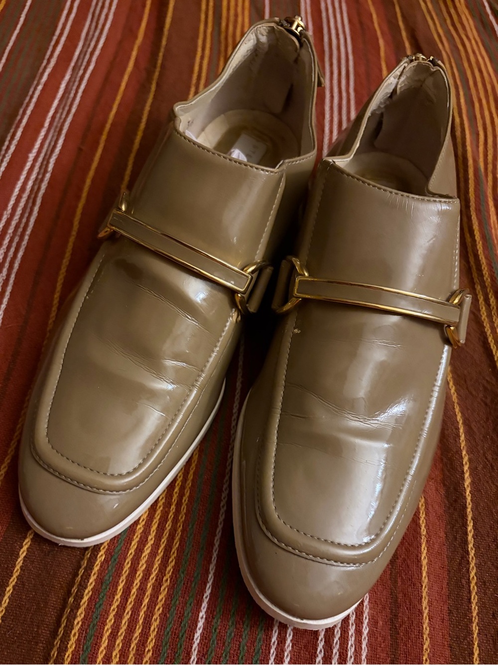 Stella McCartney light tan Patent Slip-On Loafers with Gold Detail